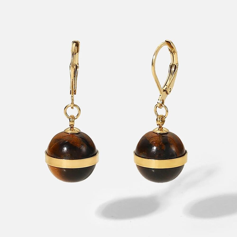 Natural Tiger Eye Ball Agate Pendant Earrings 14K Gold Plated Stainless‎ Steel - Picture 3 of 7